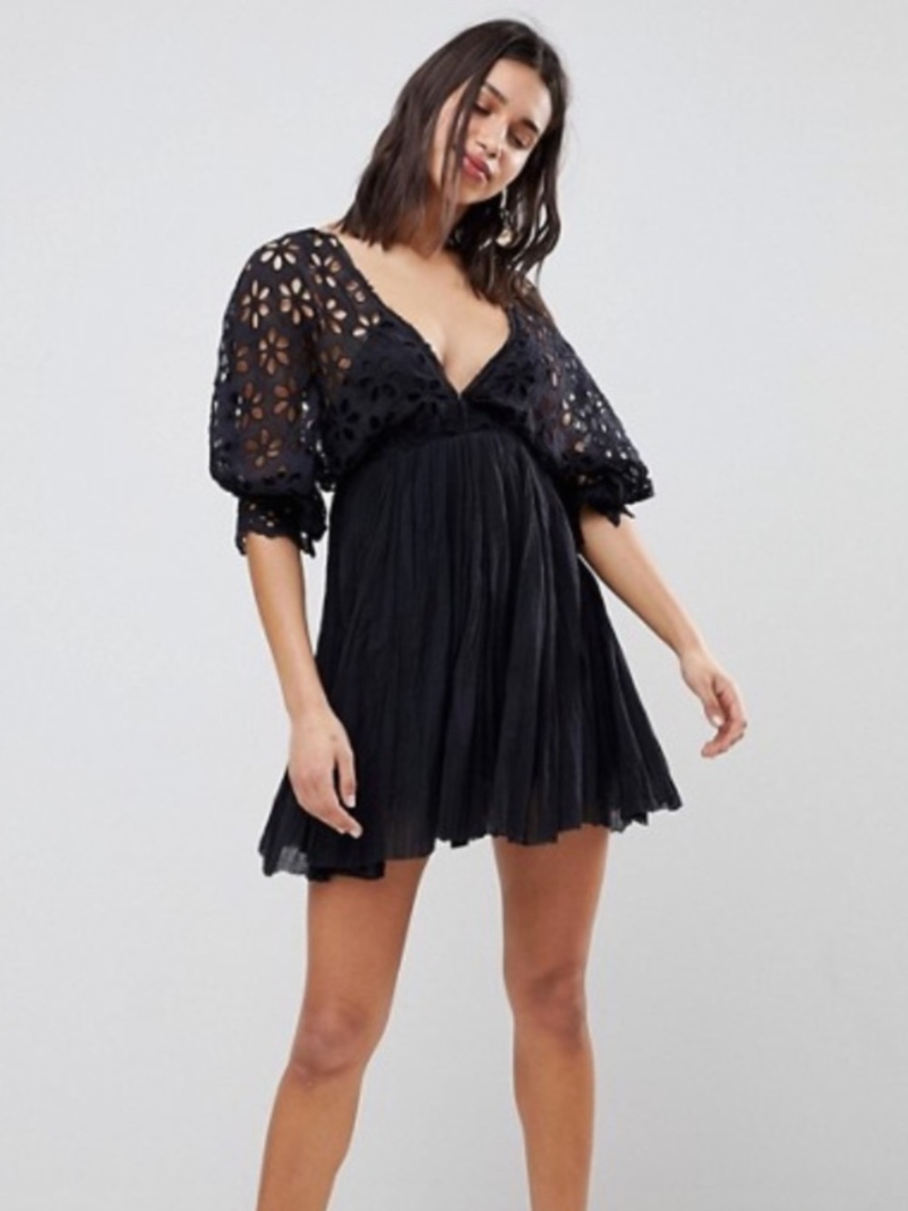 Free People Bella Note Eyelet Black Mini Dress